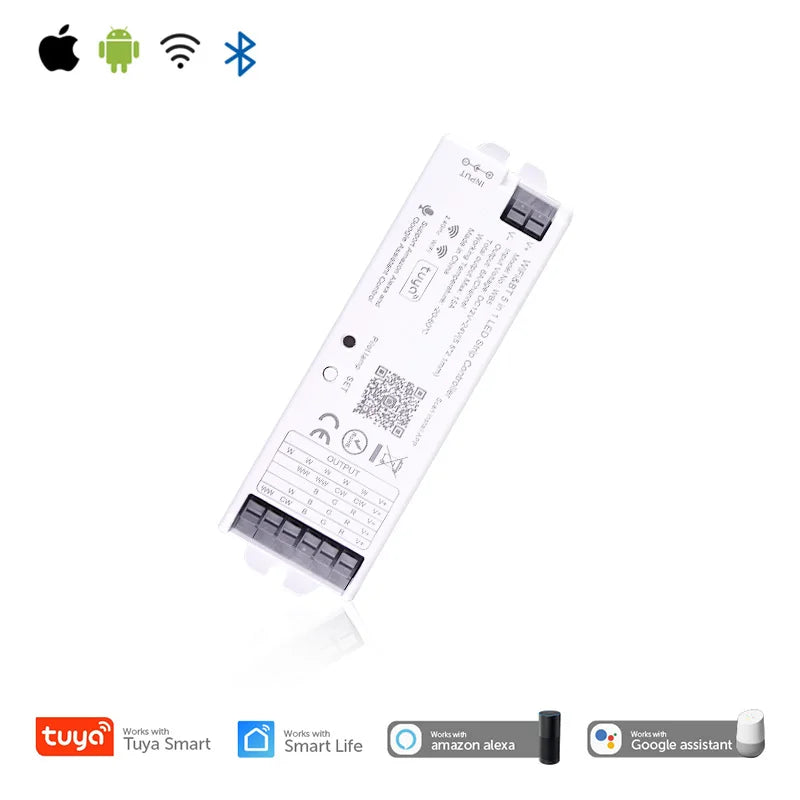 5-in-1 WiFi LED Controller for RGB/RGBW/CCT Strips – Compatible with Alexa, Google, and Tuya App