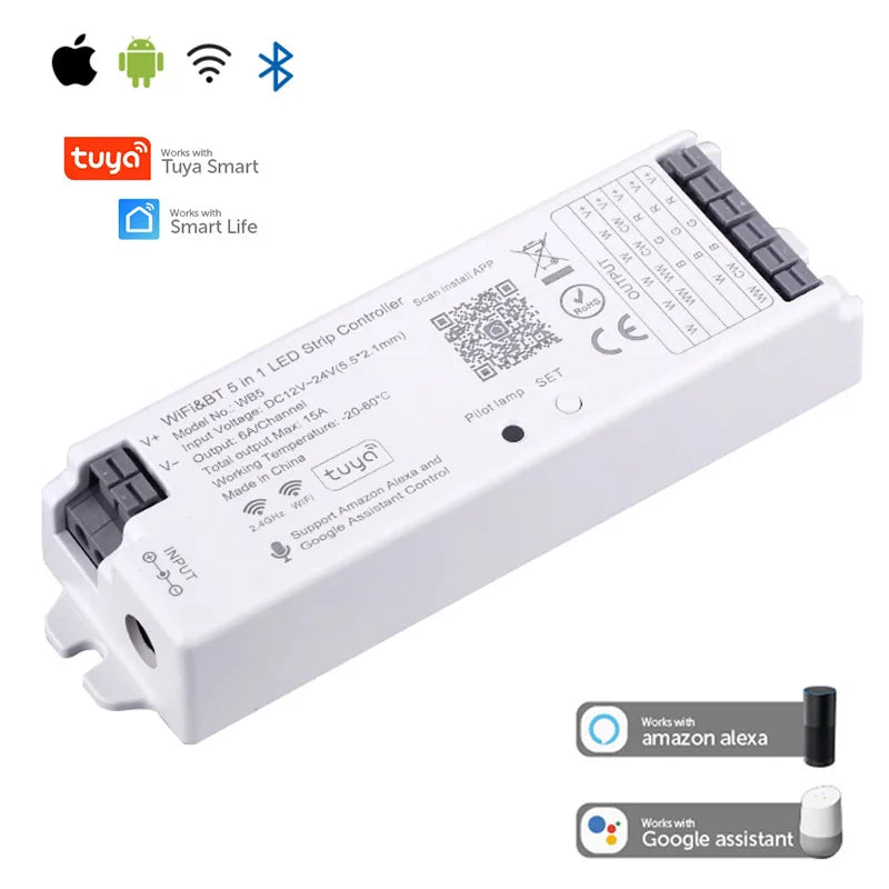 5-in-1 WiFi LED Controller for RGB/RGBW/CCT Strips – Compatible with Alexa, Google, and Tuya App