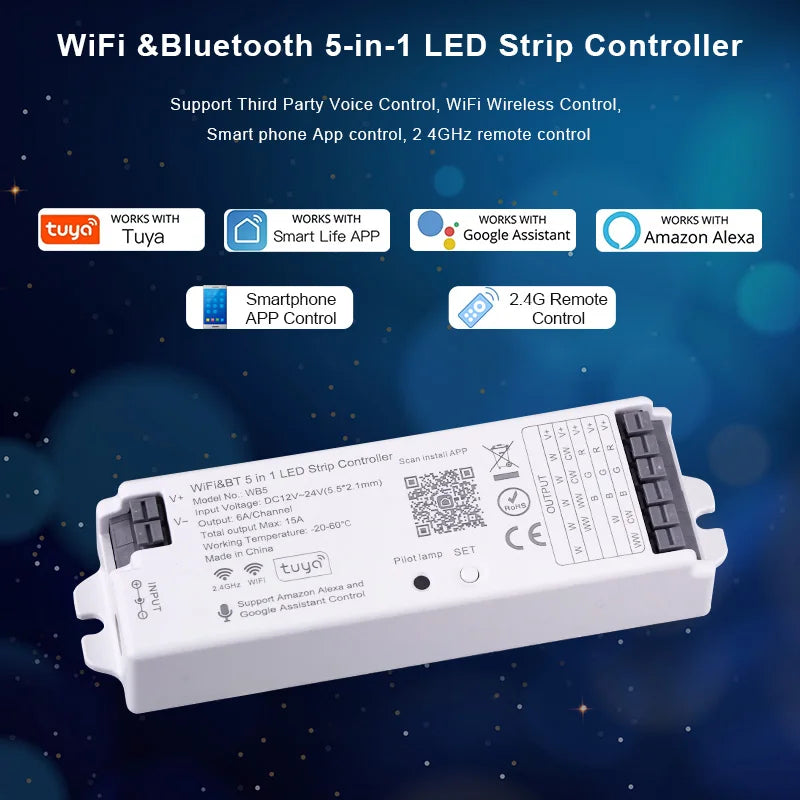 5-in-1 WiFi LED Controller for RGB/RGBW/CCT Strips – Compatible with Alexa, Google, and Tuya App