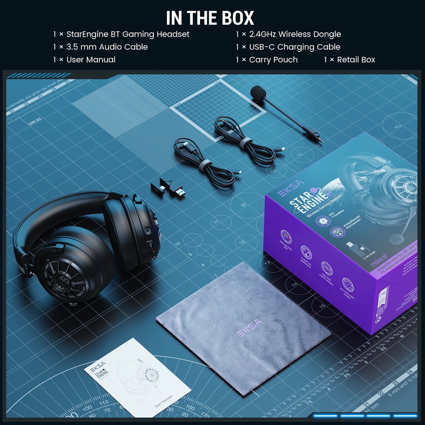 EKSA E5000 BT – Auriculares Gaming Inalámbricos 2.4GHz & Bluetooth, 100H de Batería