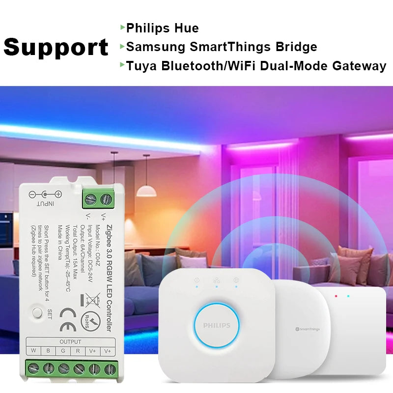 Zigbee 3.0 WiFi Controller for RGB/RGBW LED Strips – Compatible with Tuya, Alexa and SmartThings