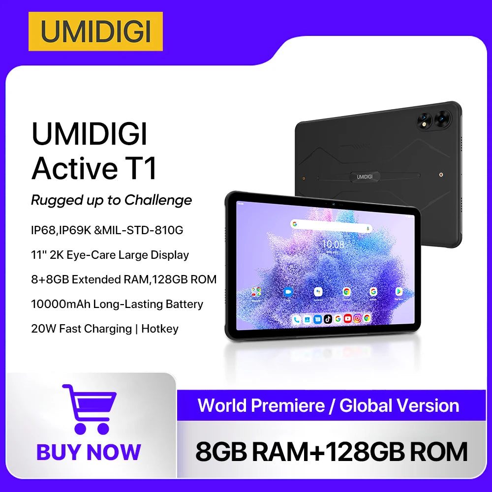 UMIDIGI Active T1 – Rugged Android 13 Tablet with 11" 2K Display, 10000mAh Battery, IP68/IP69K