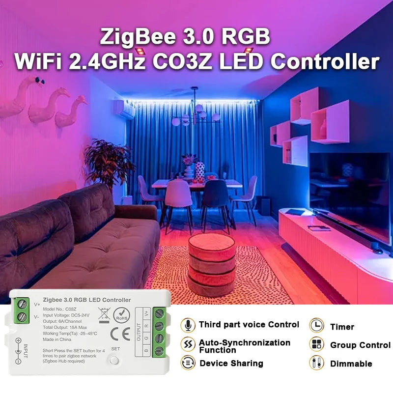 Controlador Zigbee 3.0 WiFi para Tiras LED RGB/RGBW – Compatible con Tuya, Alexa y SmartThings