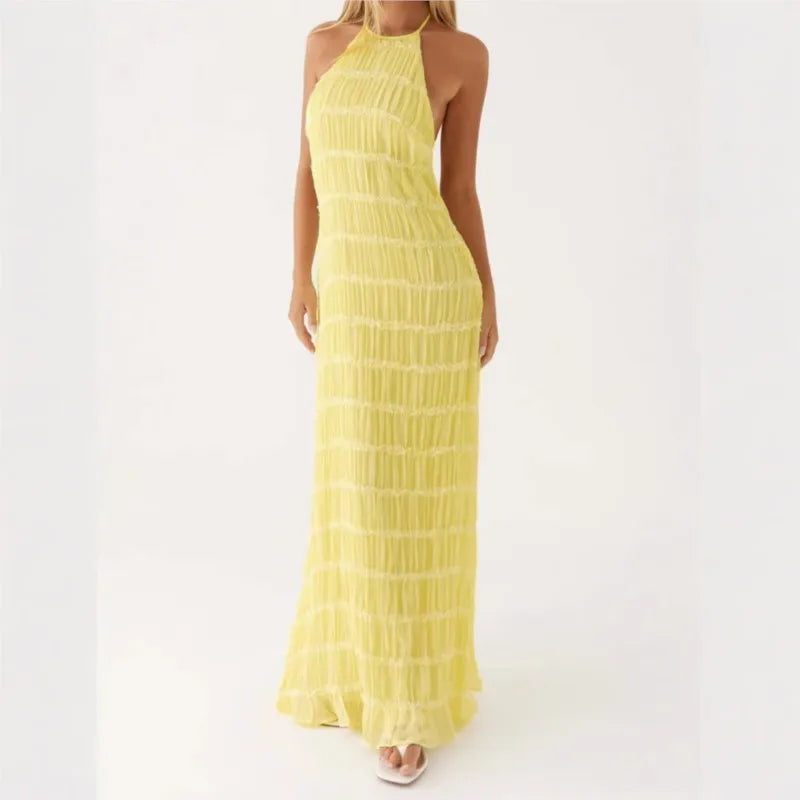 Vestido Largo de Playa con Espalda Descubierta y Lazo – Estilo Halter Chic para Mujer