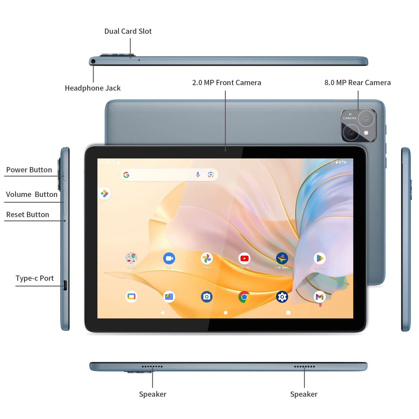 Tablet Android 14 PRITOM TAB11 de 10” con Teclado, Mouse y Funda – 8GB RAM, 128GB ROM, WiFi 5G