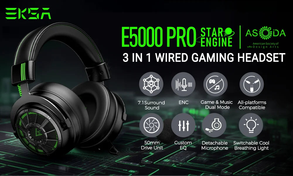 EKSA E5000 Pro – 7.1 Gaming Headset with ENC Microphone and Interchangeable Cables