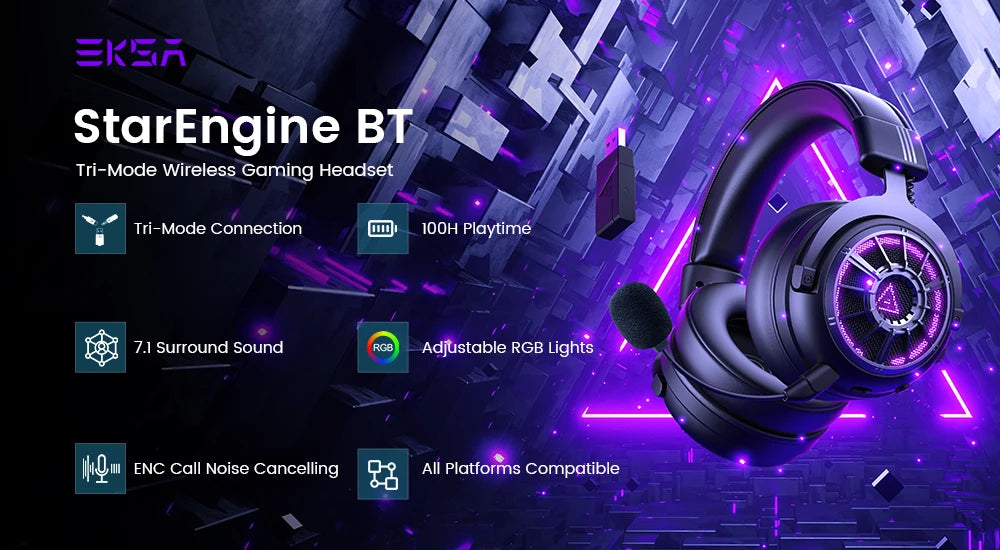 EKSA E5000 BT – Auriculares Gaming Inalámbricos 2.4GHz & Bluetooth, 100H de Batería
