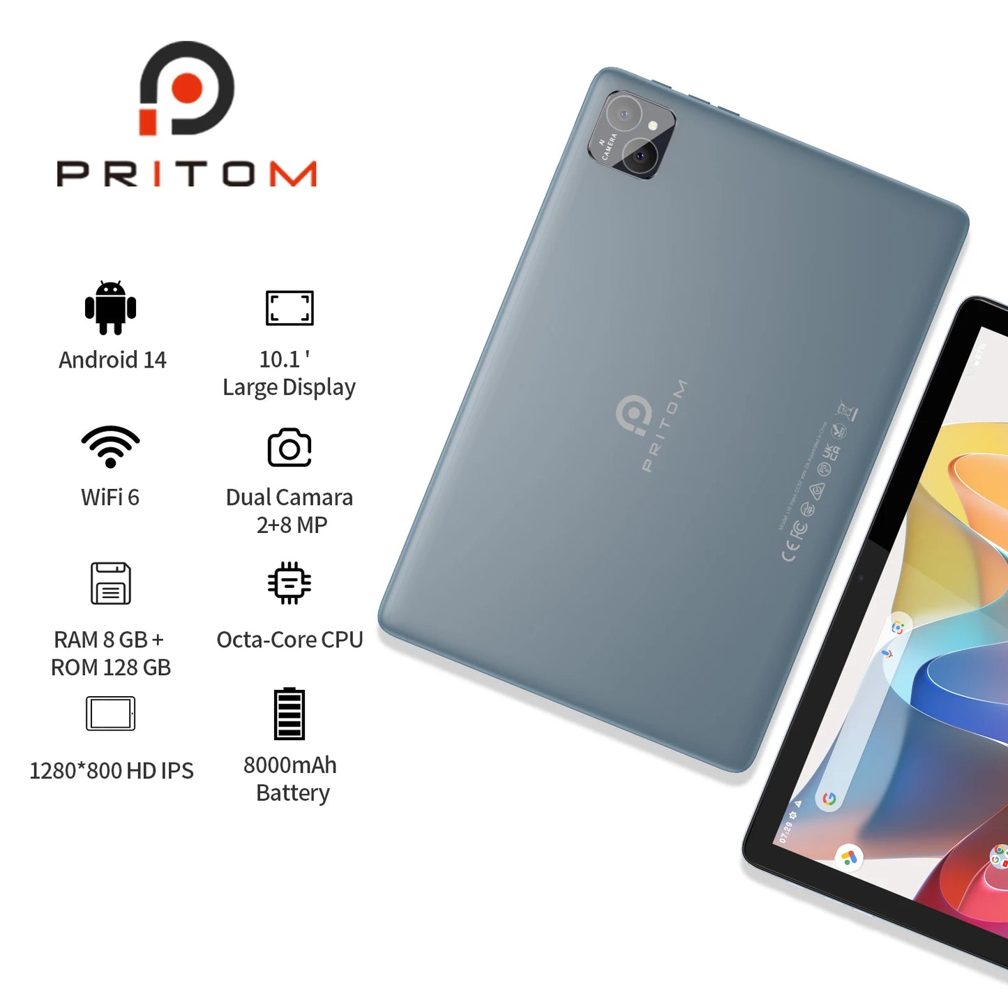 Tablet Android 14 PRITOM TAB11 de 10” con Teclado, Mouse y Funda – 8GB RAM, 128GB ROM, WiFi 5G