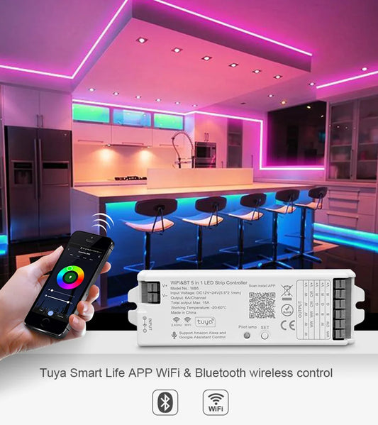 5-in-1 WiFi LED Controller for RGB/RGBW/CCT Strips – Compatible with Alexa, Google, and Tuya App