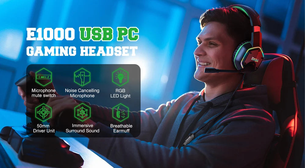 EKSA E1000 – Auriculares Gamer con Sonido 7.1, RGB y Micrófono con Cancelación