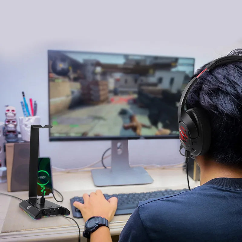 Soporte Gamer EKSA W1 con Sonido 7.1, RGB y Puertos USB - Headset Stand para Escritorio