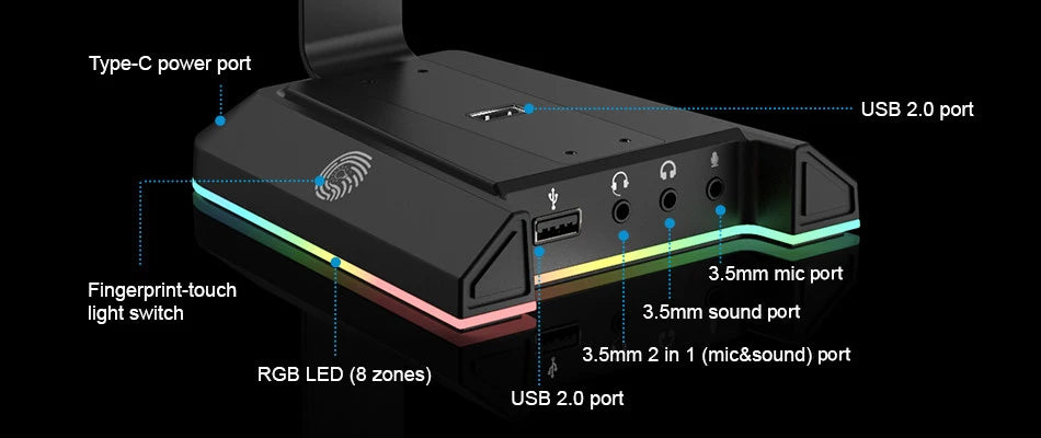 Soporte Gamer EKSA W1 con Sonido 7.1, RGB y Puertos USB - Headset Stand para Escritorio