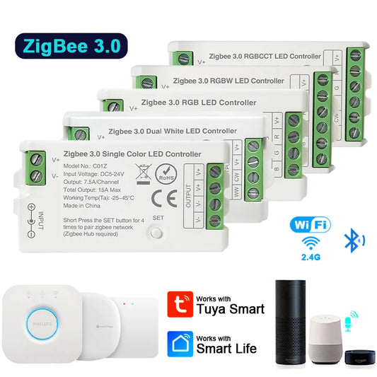Zigbee 3.0 WiFi Controller for RGB/RGBW LED Strips – Compatible with Tuya, Alexa and SmartThings