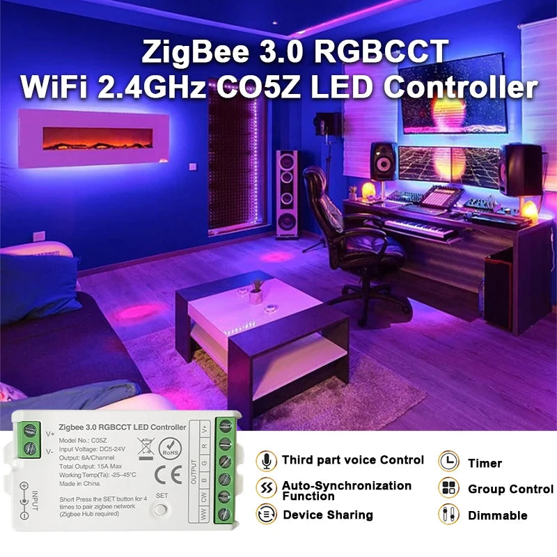 Zigbee 3.0 WiFi Controller for RGB/RGBW LED Strips – Compatible with Tuya, Alexa and SmartThings