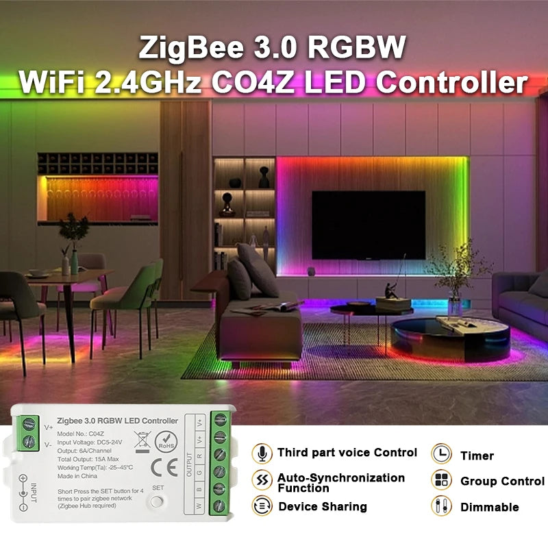 Zigbee 3.0 WiFi Controller for RGB/RGBW LED Strips – Compatible with Tuya, Alexa and SmartThings