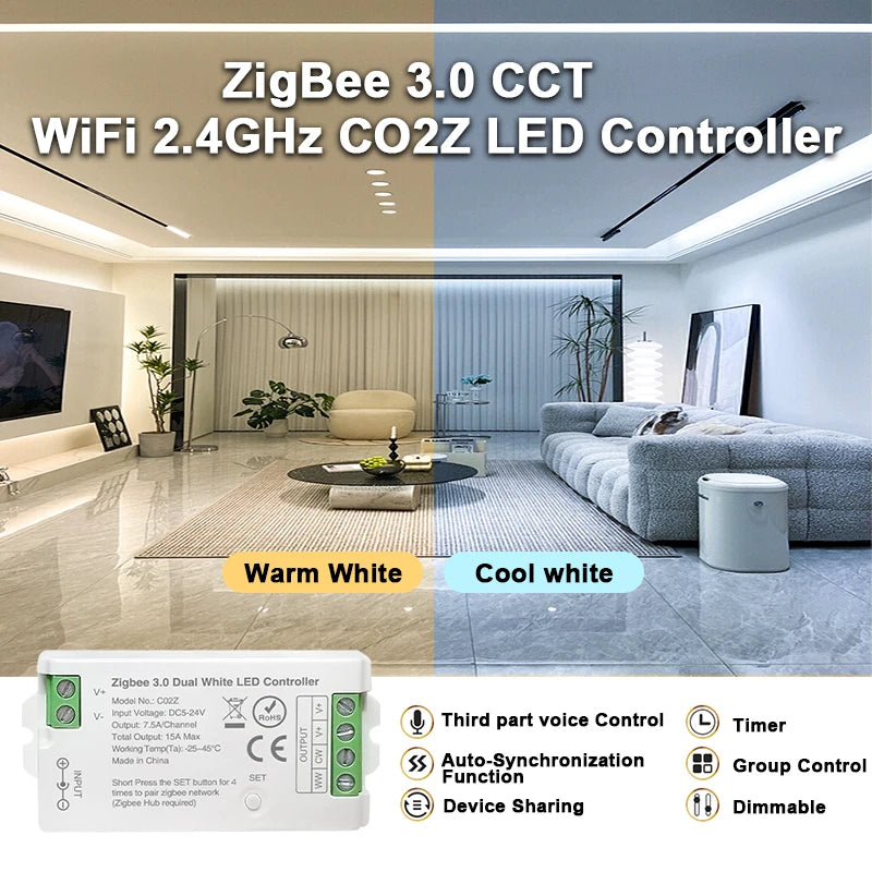 Zigbee 3.0 WiFi Controller for RGB/RGBW LED Strips – Compatible with Tuya, Alexa and SmartThings