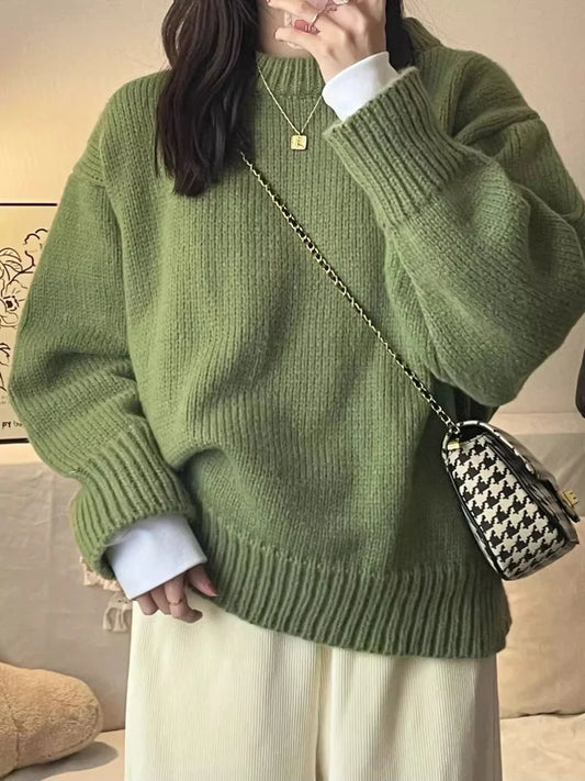 Women's Green Round Neck Pullover Japanese Style Retro Winter