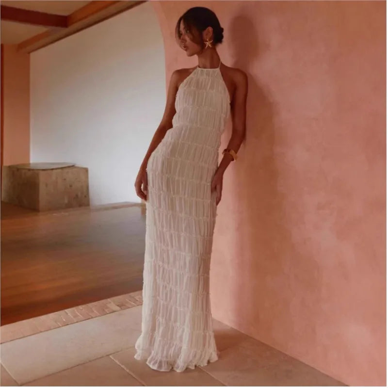 Vestido Largo de Playa con Espalda Descubierta y Lazo – Estilo Halter Chic para Mujer