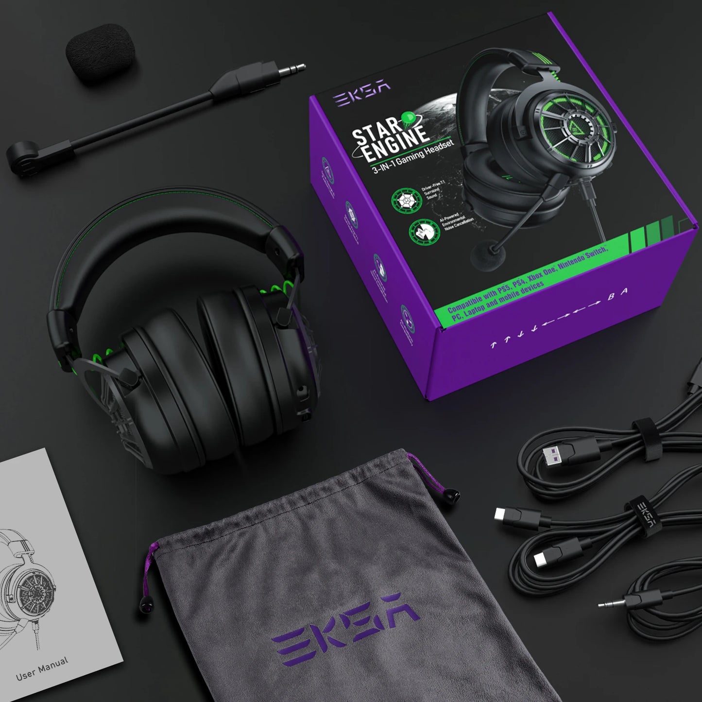 EKSA E5000 Pro – 7.1 Gaming Headset with ENC Microphone and Interchangeable Cables