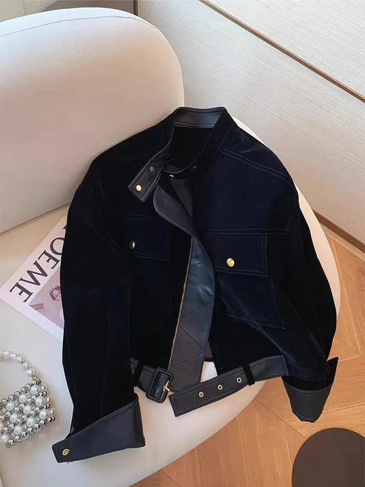 Black Velvet Biker Style Jacket - Fall Spring Spicy Girl