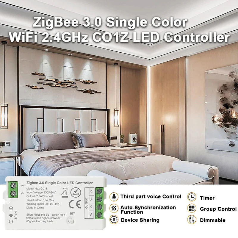 Zigbee 3.0 WiFi Controller for RGB/RGBW LED Strips – Compatible with Tuya, Alexa and SmartThings