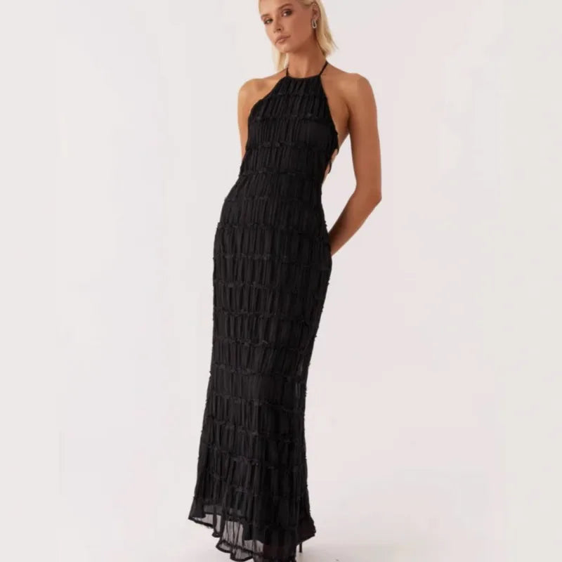 Vestido Largo de Playa con Espalda Descubierta y Lazo – Estilo Halter Chic para Mujer