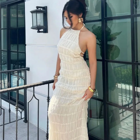 Vestido Largo de Playa con Espalda Descubierta y Lazo – Estilo Halter Chic para Mujer