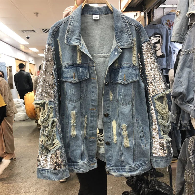 European Chic Sequin Denim Coat - Spring/Fall