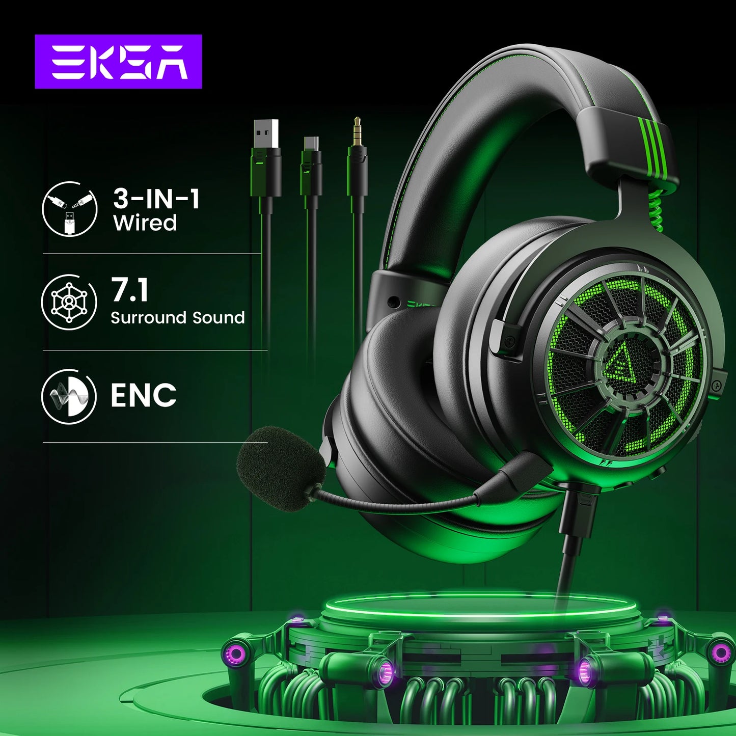 EKSA E5000 Pro – 7.1 Gaming Headset with ENC Microphone and Interchangeable Cables