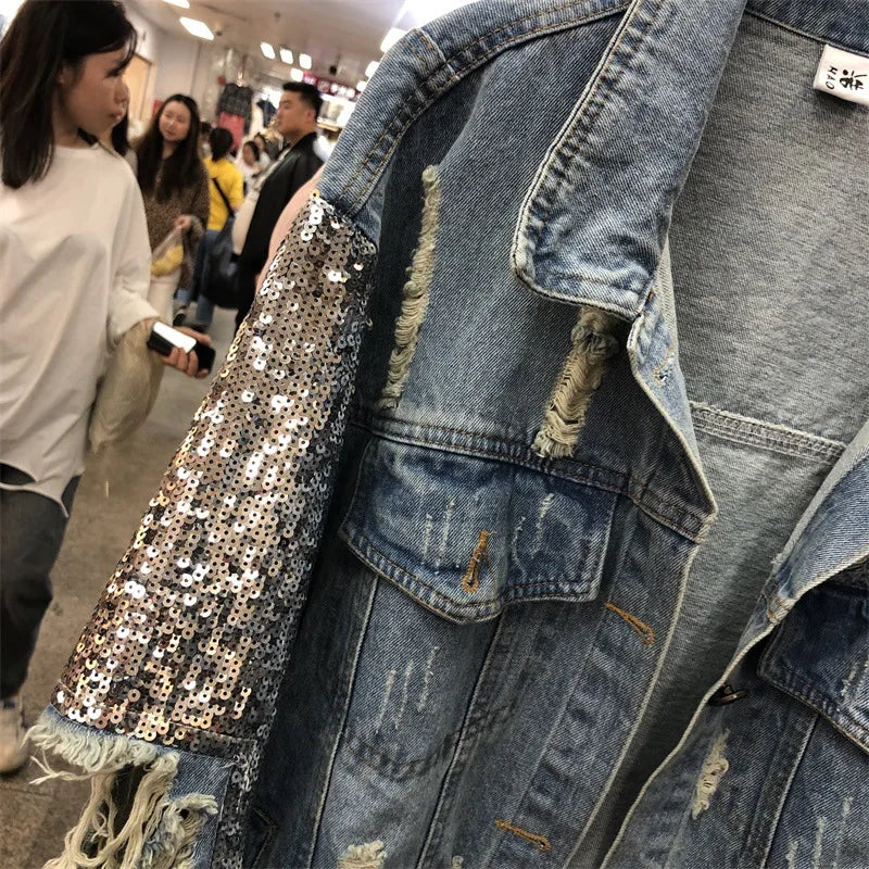European Chic Sequin Denim Coat - Spring/Fall