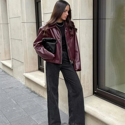 Women's Faux Leather Biker Style Jacket - Spring Fall