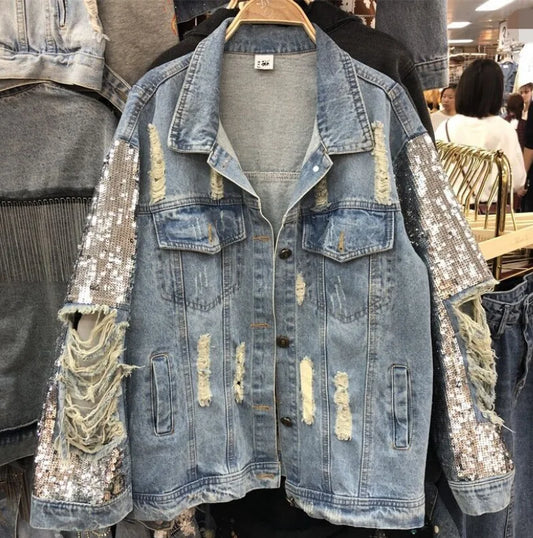 European Chic Sequin Denim Coat - Spring/Fall
