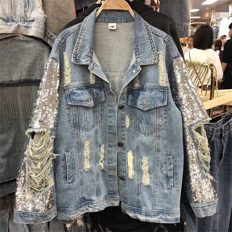 European Chic Sequin Denim Coat - Spring/Fall